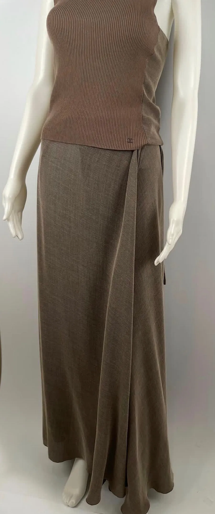 99P, 1999 Spring Vintage Chanel brown 4 piece Outfit Dress Set Jacket Skirt Blouse FR 38 US 4/6