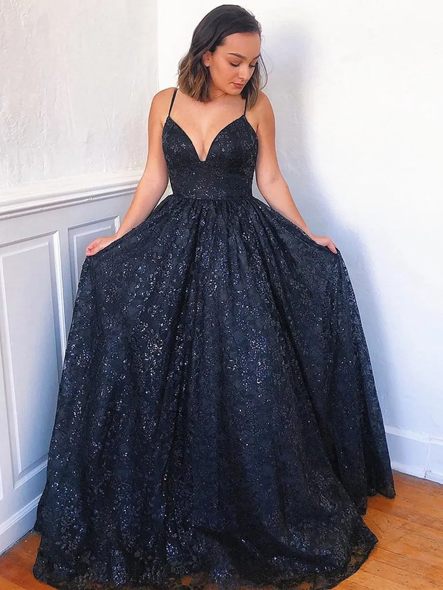 A Line V Neck Navy Blue Lace Long Prom Dresses, V Neck Lace Navy Blue Formal Dresses, Dark Blue Lace Evening Dresses