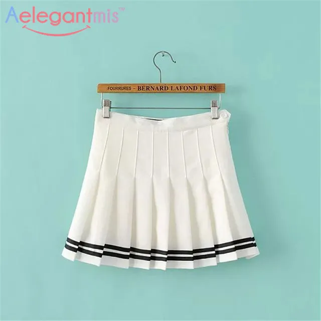 Aelegantmis Sweet Pleated Skirt Women Preppy Style Mini High Waist Skirt Girls Vintage Black White Cute School Uniforms Skirts