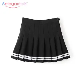 Aelegantmis Sweet Pleated Skirt Women Preppy Style Mini High Waist Skirt Girls Vintage Black White Cute School Uniforms Skirts