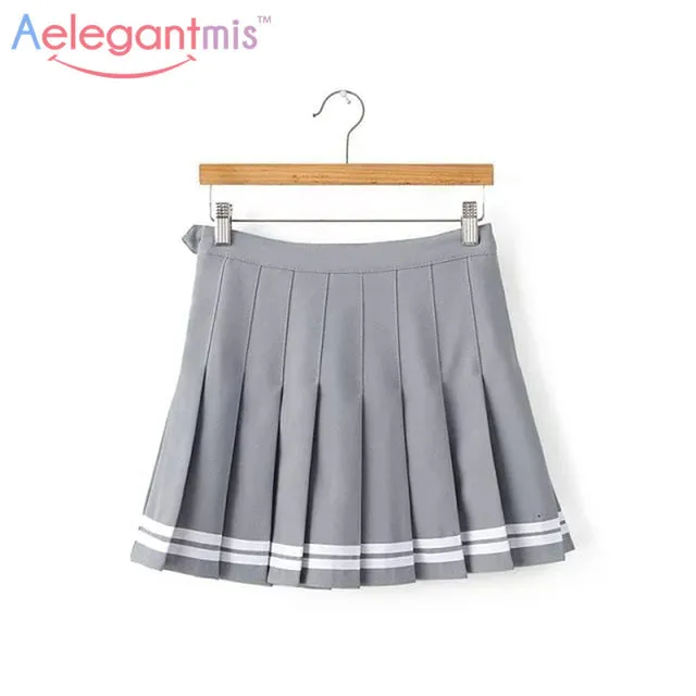 Aelegantmis Sweet Pleated Skirt Women Preppy Style Mini High Waist Skirt Girls Vintage Black White Cute School Uniforms Skirts