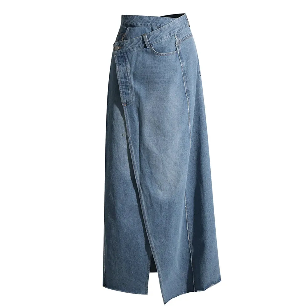 Asymmetrical Denim Skirts For Women High Waist Spliced Pockets Solid Casual Loose Split Skirt Female Fashion