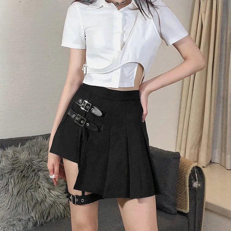 Asymmetrical Punk Style Black Pleated Skirt Buckle Summer High Waist Skirt Women Gothic Clothes Mini Skirts Party Hot