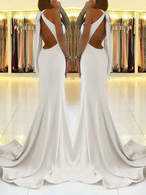 Backless White Sheath Prom Dress with Side Slit and Lace-Up Back, PD2305201