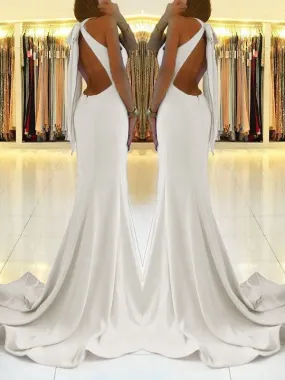 Backless White Sheath Prom Dress with Side Slit and Lace-Up Back, PD2305201