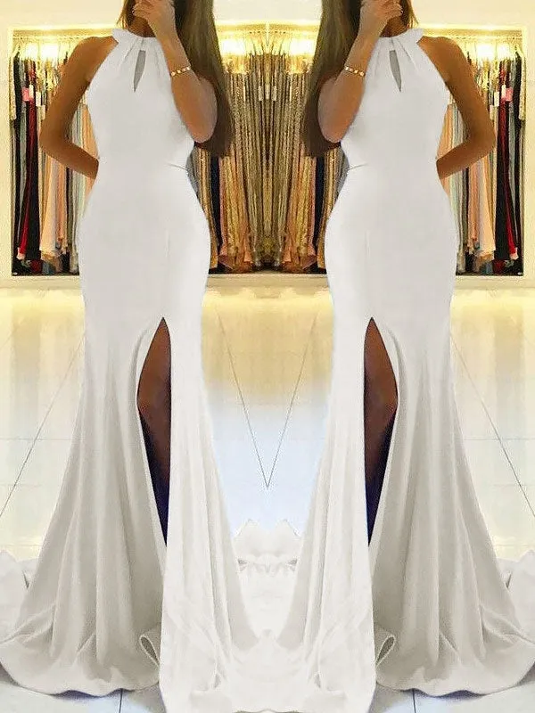 Backless White Sheath Prom Dress with Side Slit and Lace-Up Back, PD2305201