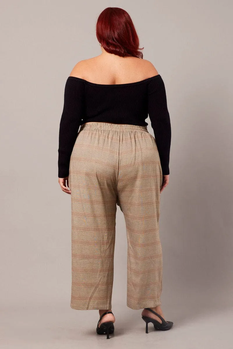 Beige Check Tapered Pants Elasticated Waist Cropped