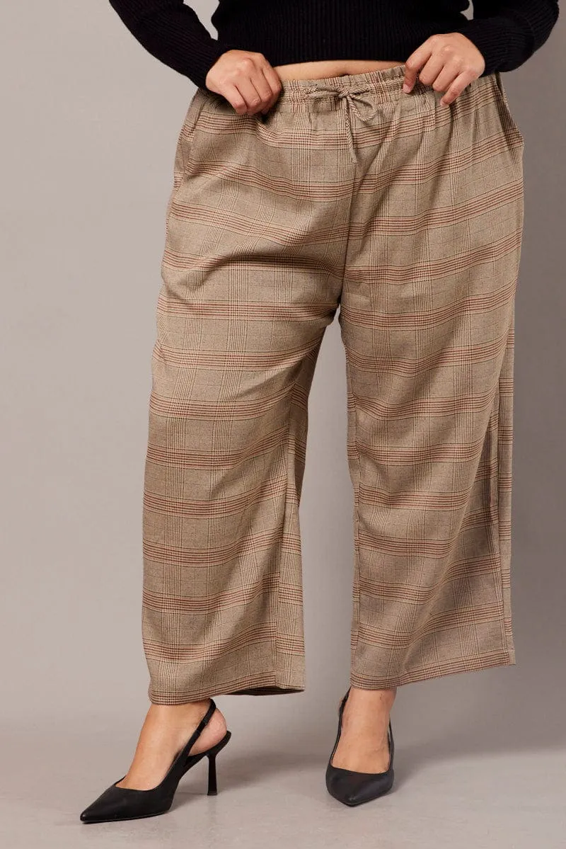 Beige Check Tapered Pants Elasticated Waist Cropped