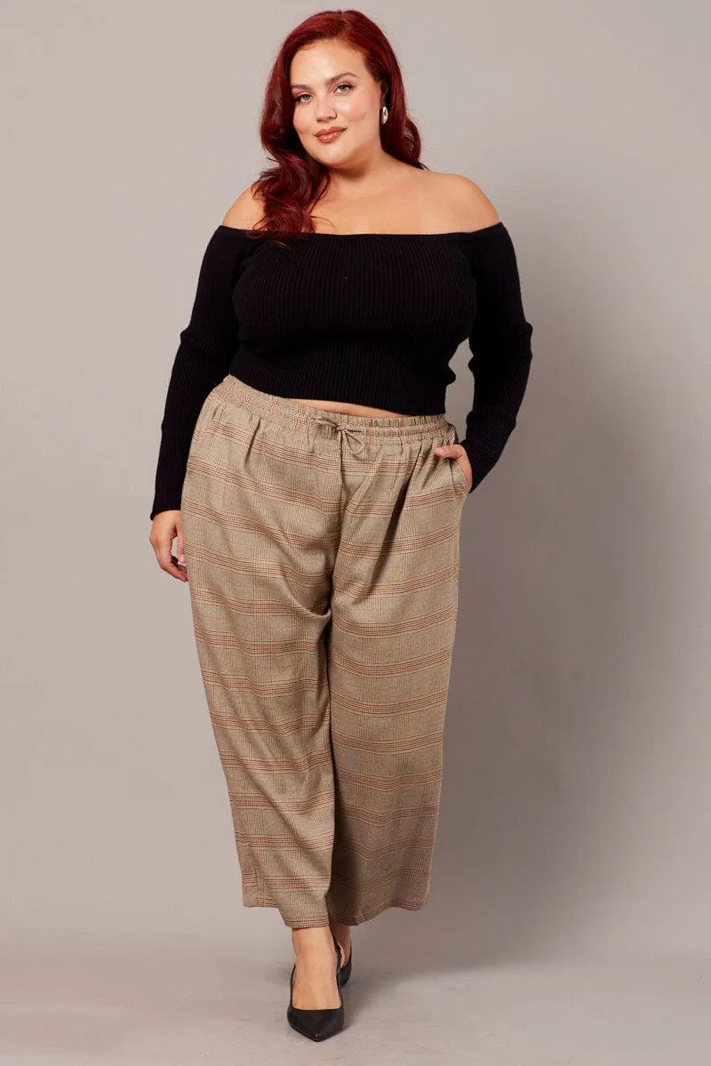 Beige Check Tapered Pants Elasticated Waist Cropped