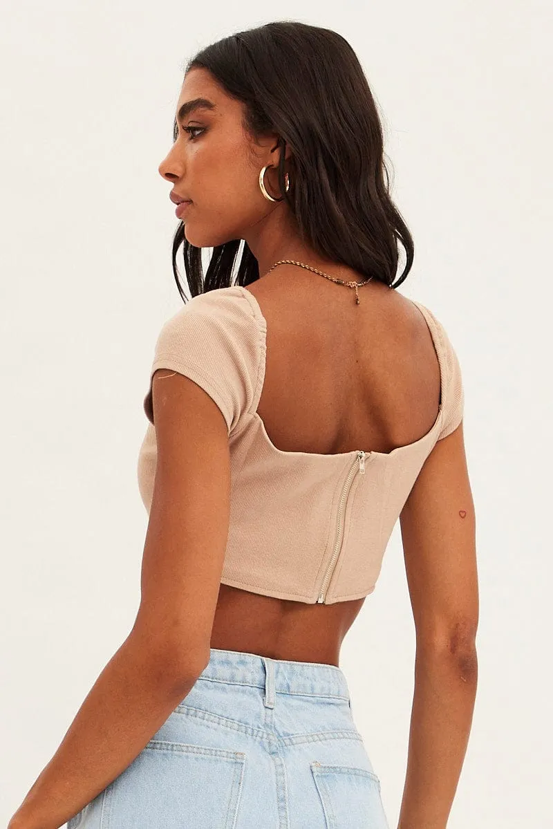 Beige Corset Crop Top Short Sleeve Square Neck