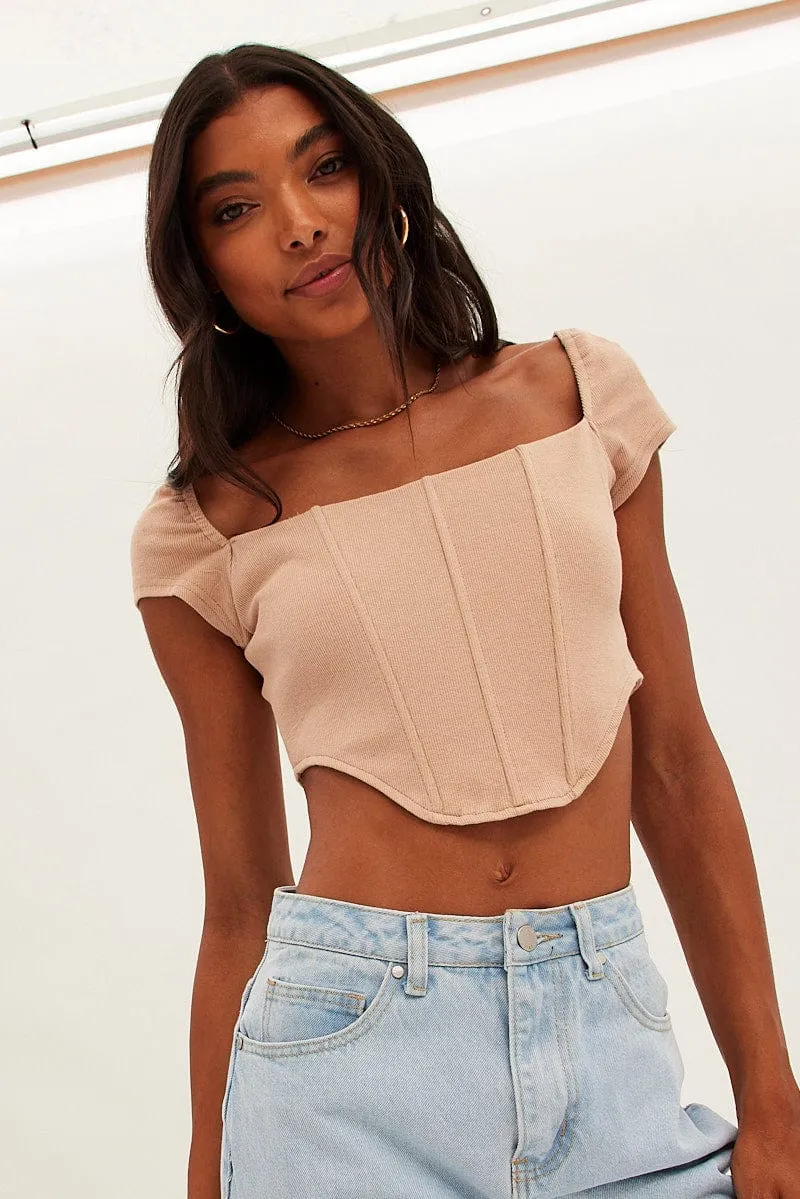 Beige Corset Crop Top Short Sleeve Square Neck