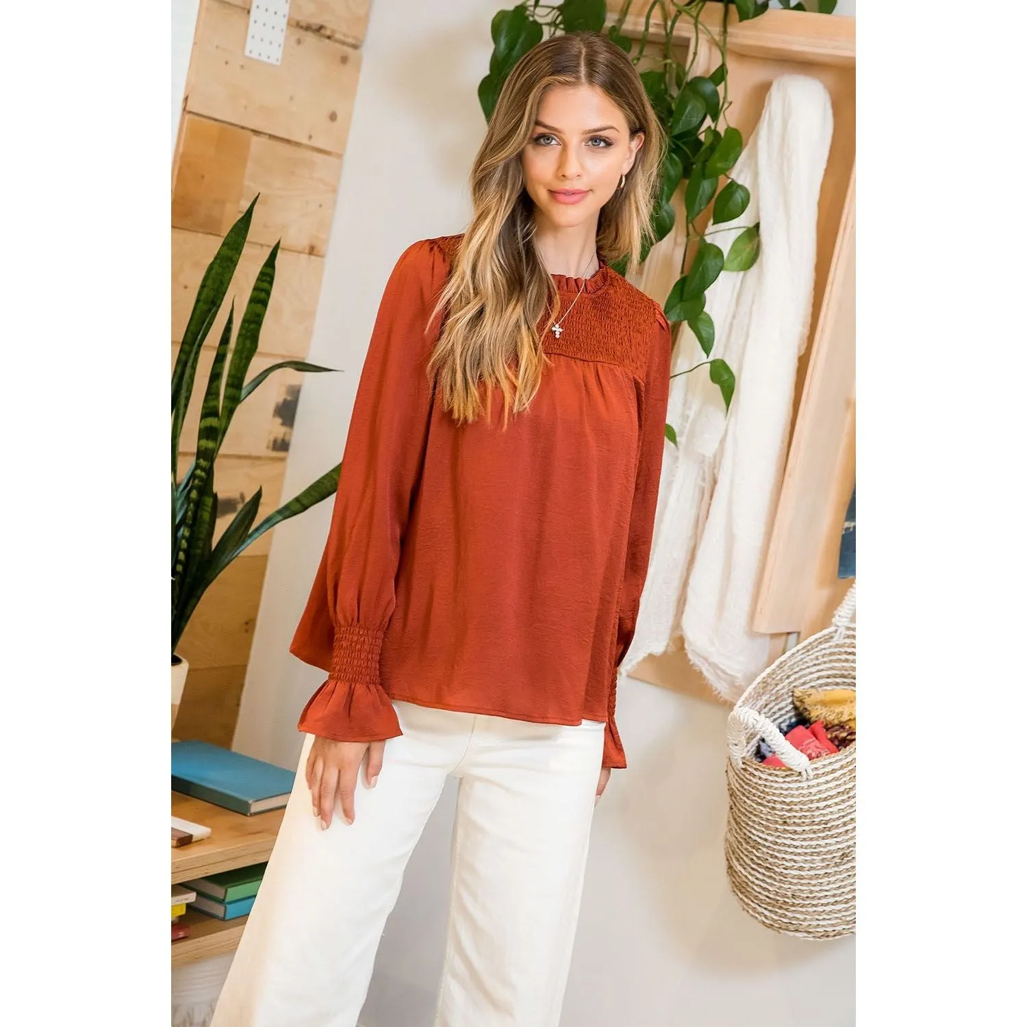 Blaire THML Rust Silky Smocked Top-SALE