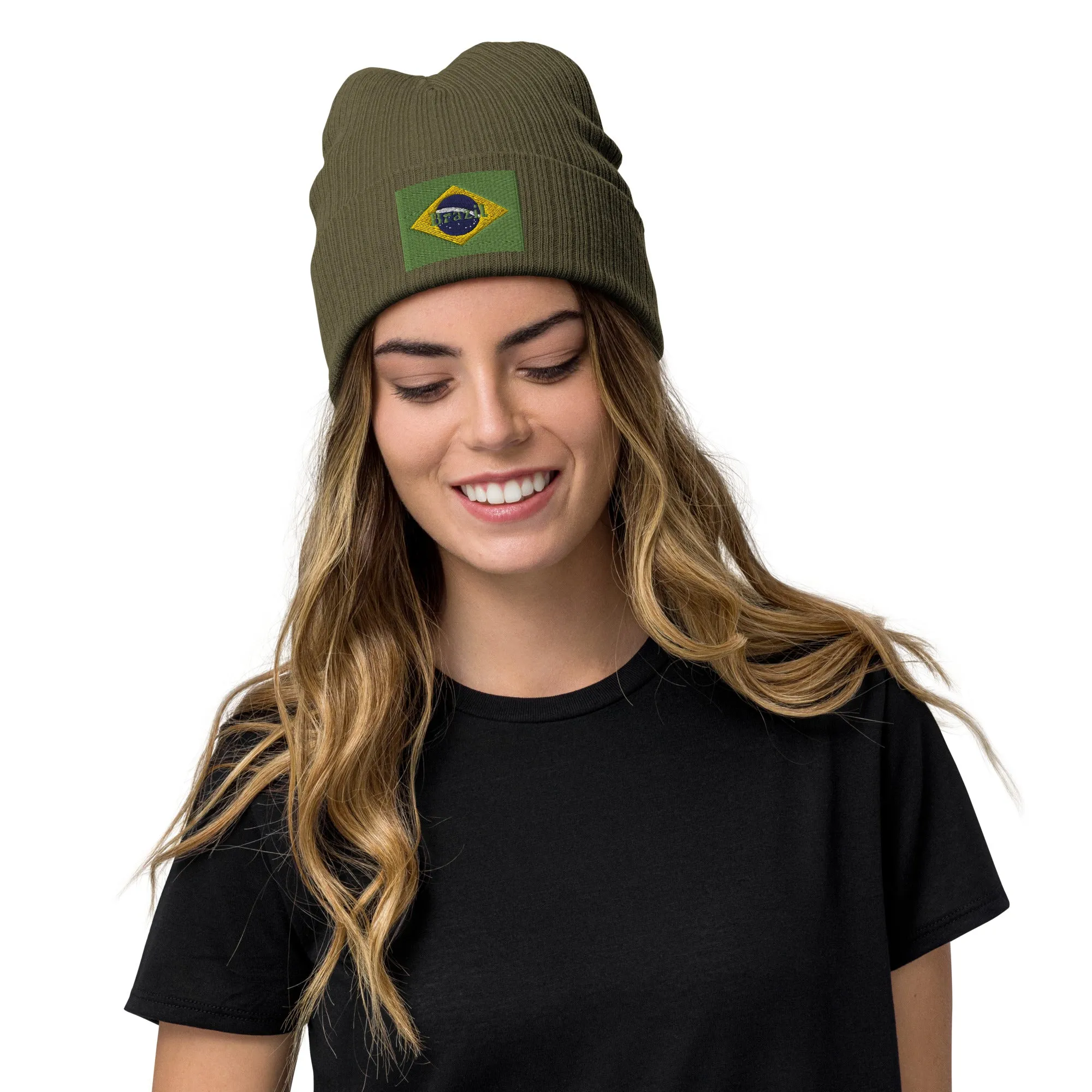 Brazil Beanie Hat Premium Quality / Embroidered Flag Of Brazil / 8 Colors / Recycled Polyester Clothing