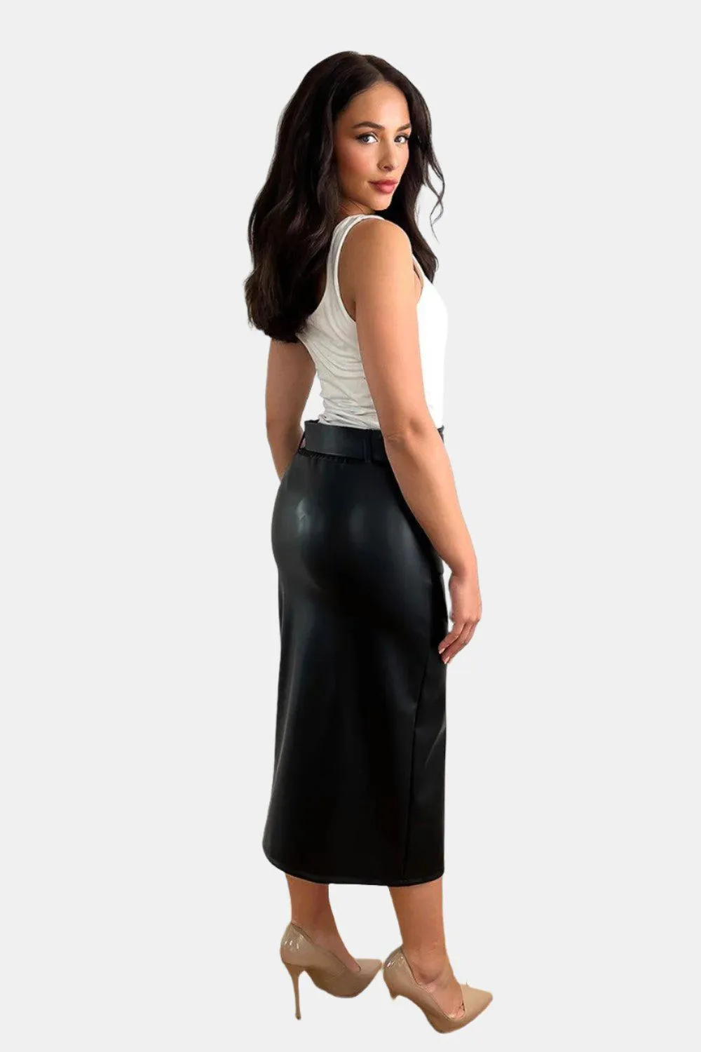 Buttoned Front Belted Vegan Leather Midi Skirts