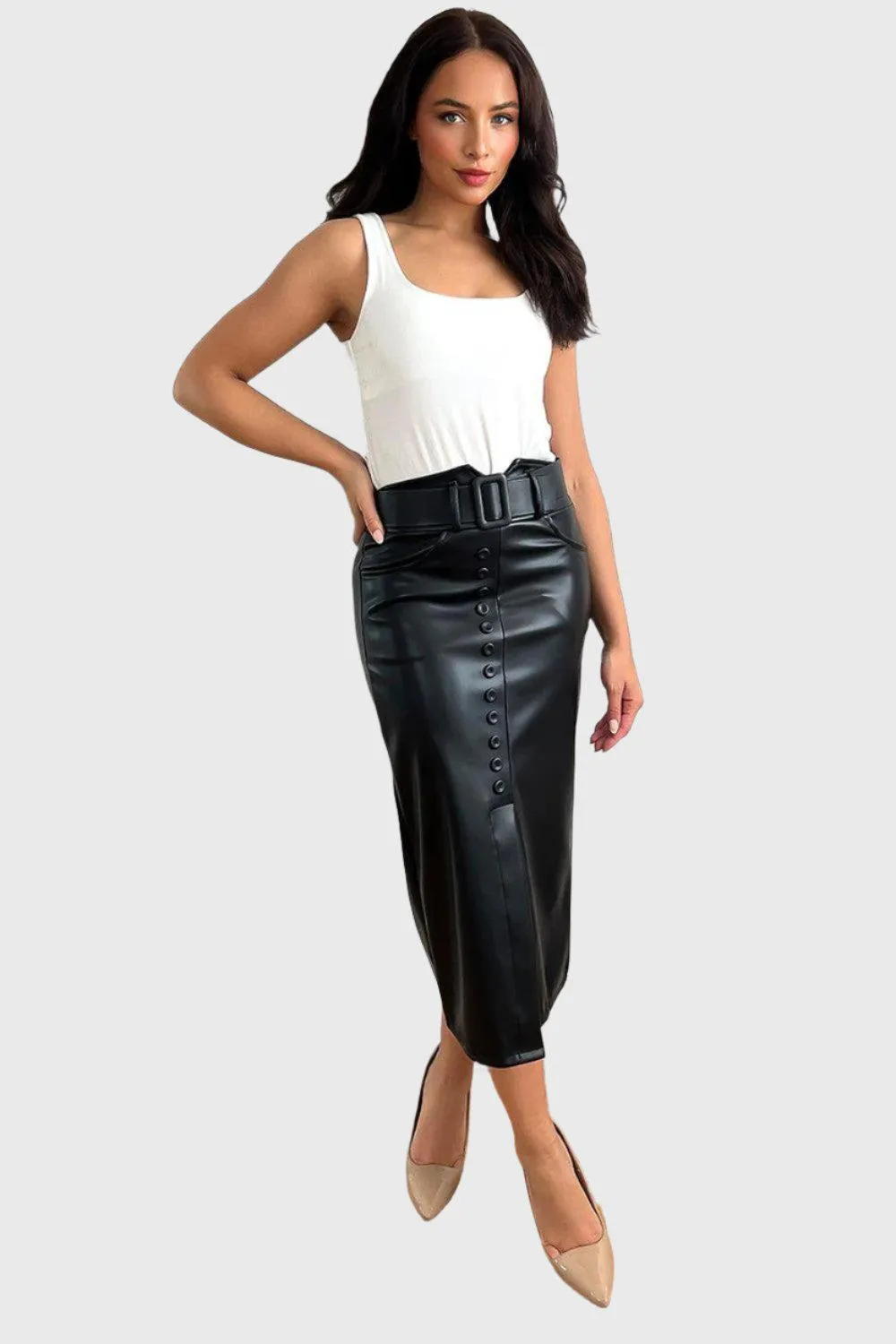 Buttoned Front Belted Vegan Leather Midi Skirts