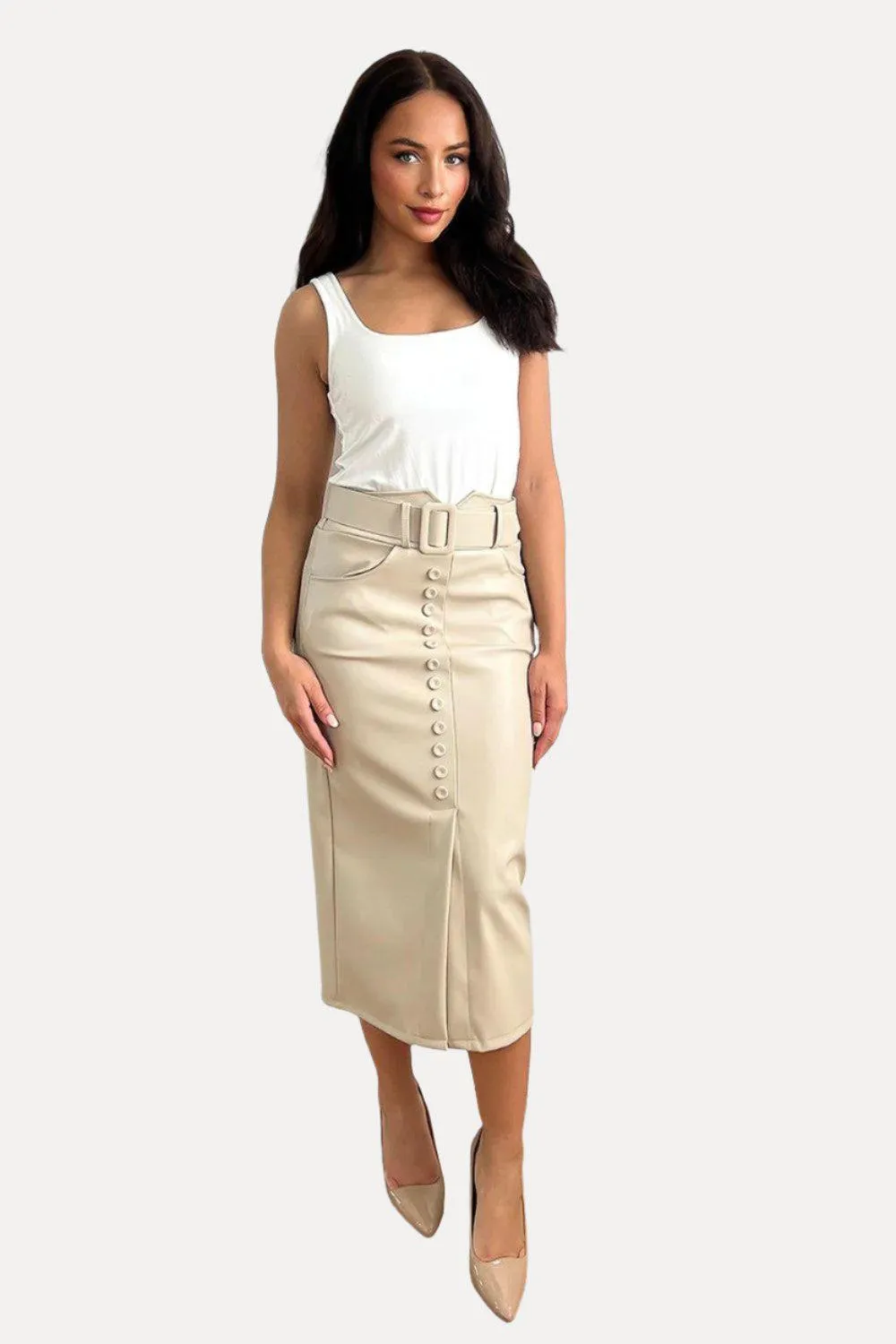 Buttoned Front Belted Vegan Leather Midi Skirts