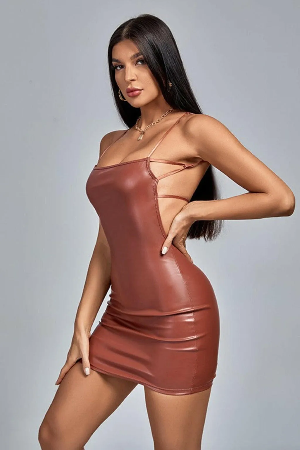 Countermove Halter PU Leather Mini Dress - Brown