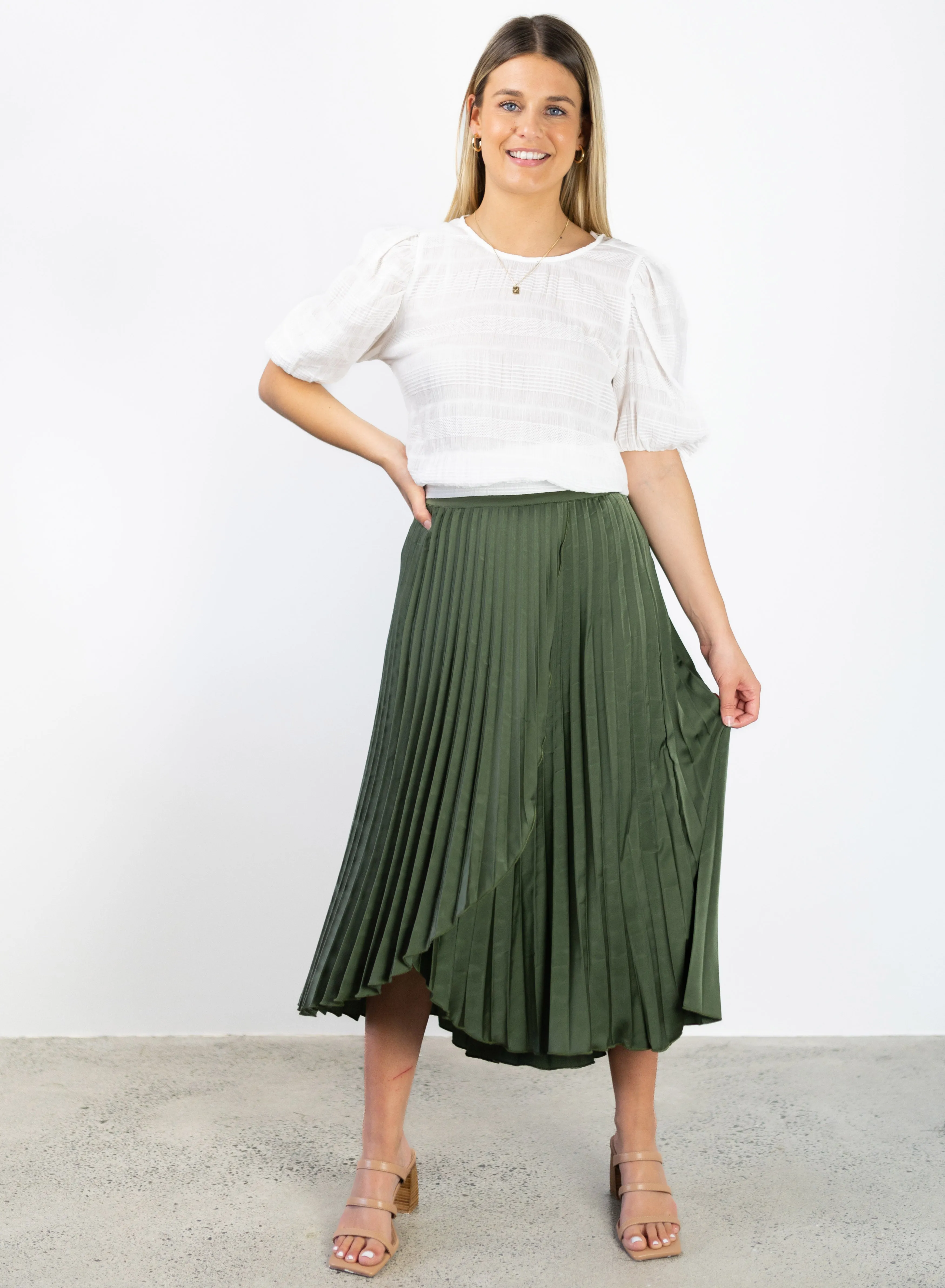 Crossroads Khaki Washer Satin Midi Pleated Skirt with High Low Hem