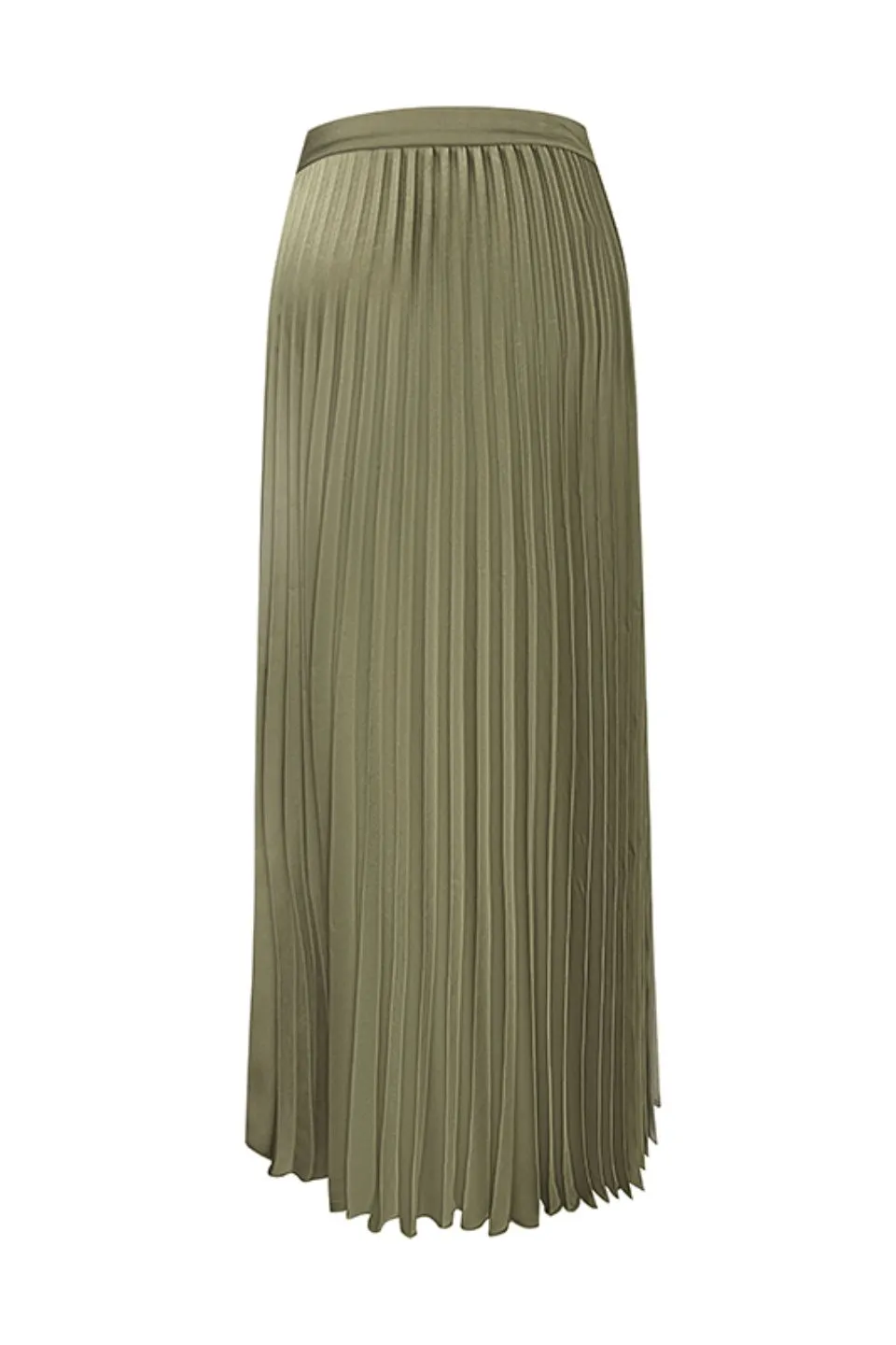 Crossroads Khaki Washer Satin Midi Pleated Skirt with High Low Hem