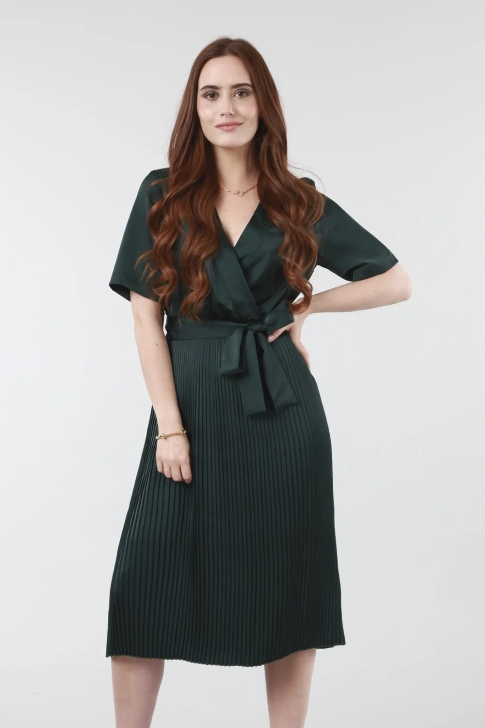 Double Second Satin Wrap Front Pleated Midi Dress