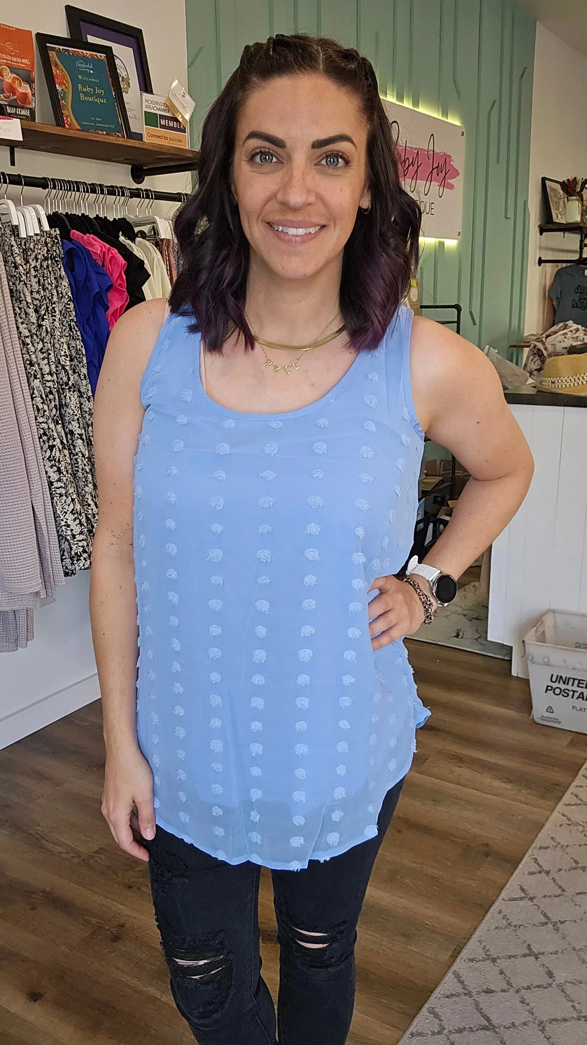 Elena Sleeveless Swiss Dot Top