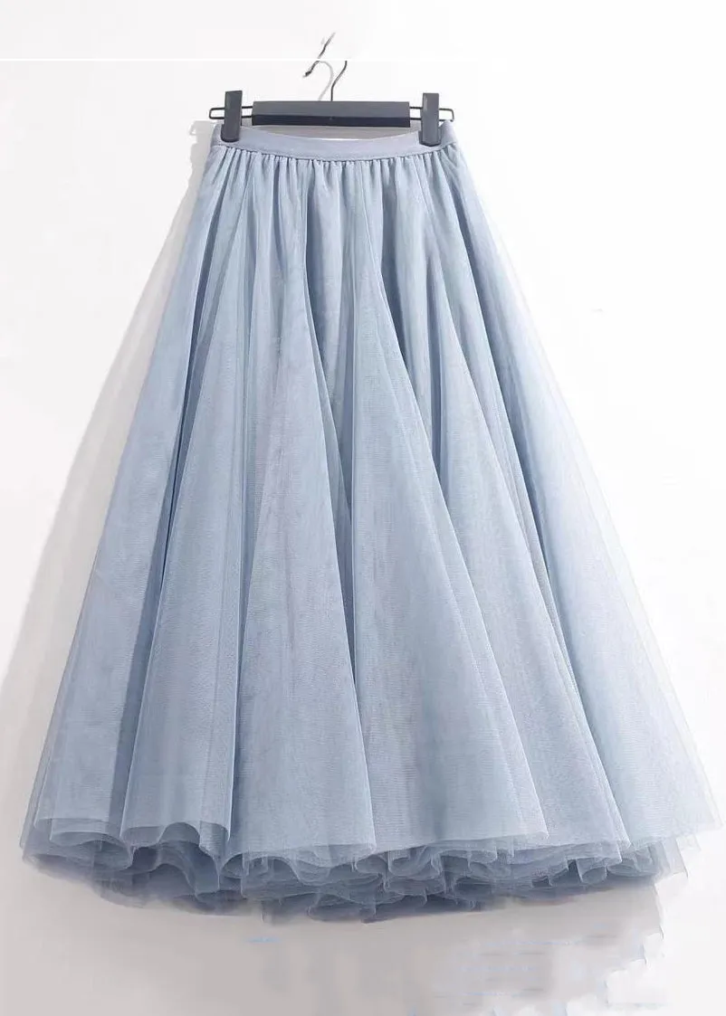 French Haze Blue Elastic Waist Tulle Pleated Skirt Summer AS1084