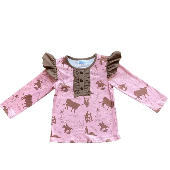 Girl's Shea Baby Pink Gambler Ruffle Long Sleeve Shirt Toddler