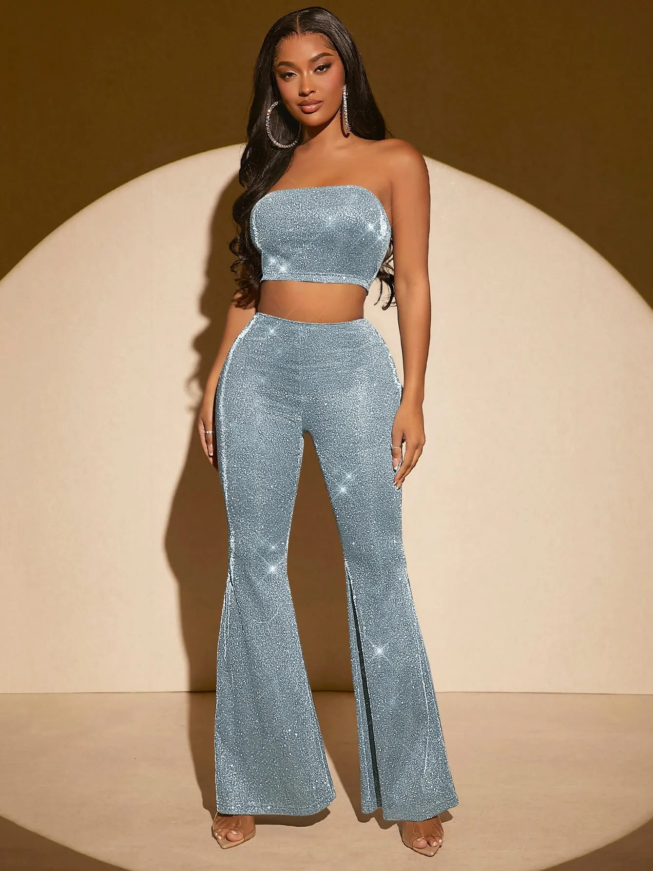 Glitter Crop Tube Top Flare Leg Pants