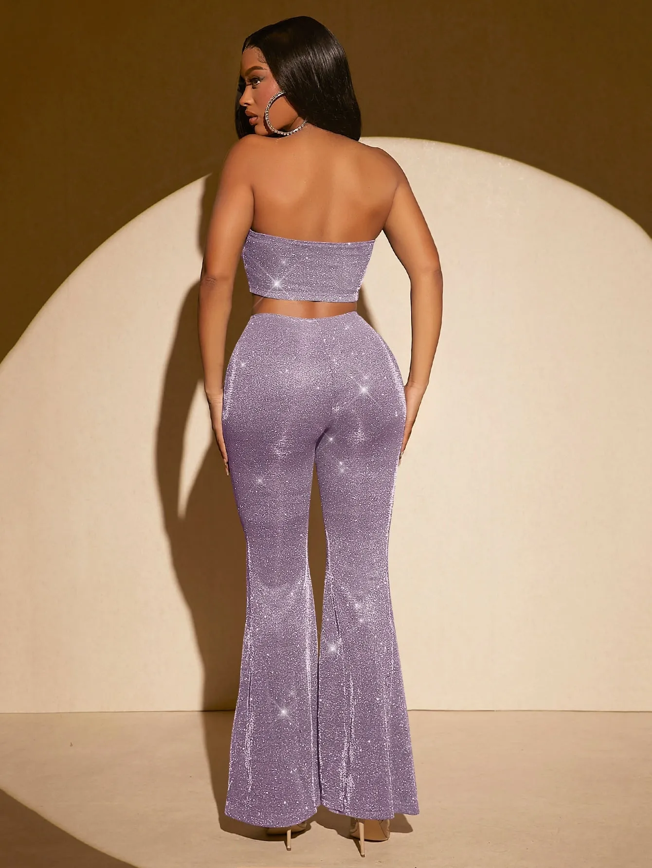 Glitter Crop Tube Top Flare Leg Pants