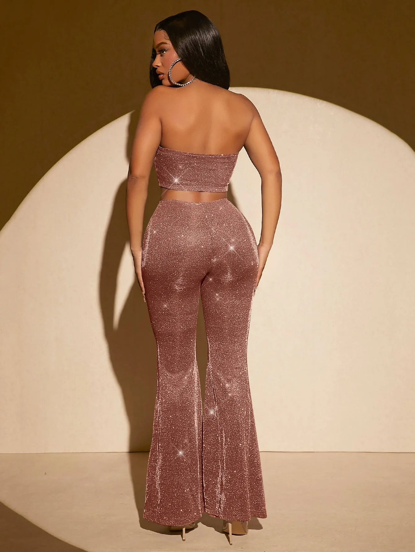 Glitter Crop Tube Top Flare Leg Pants