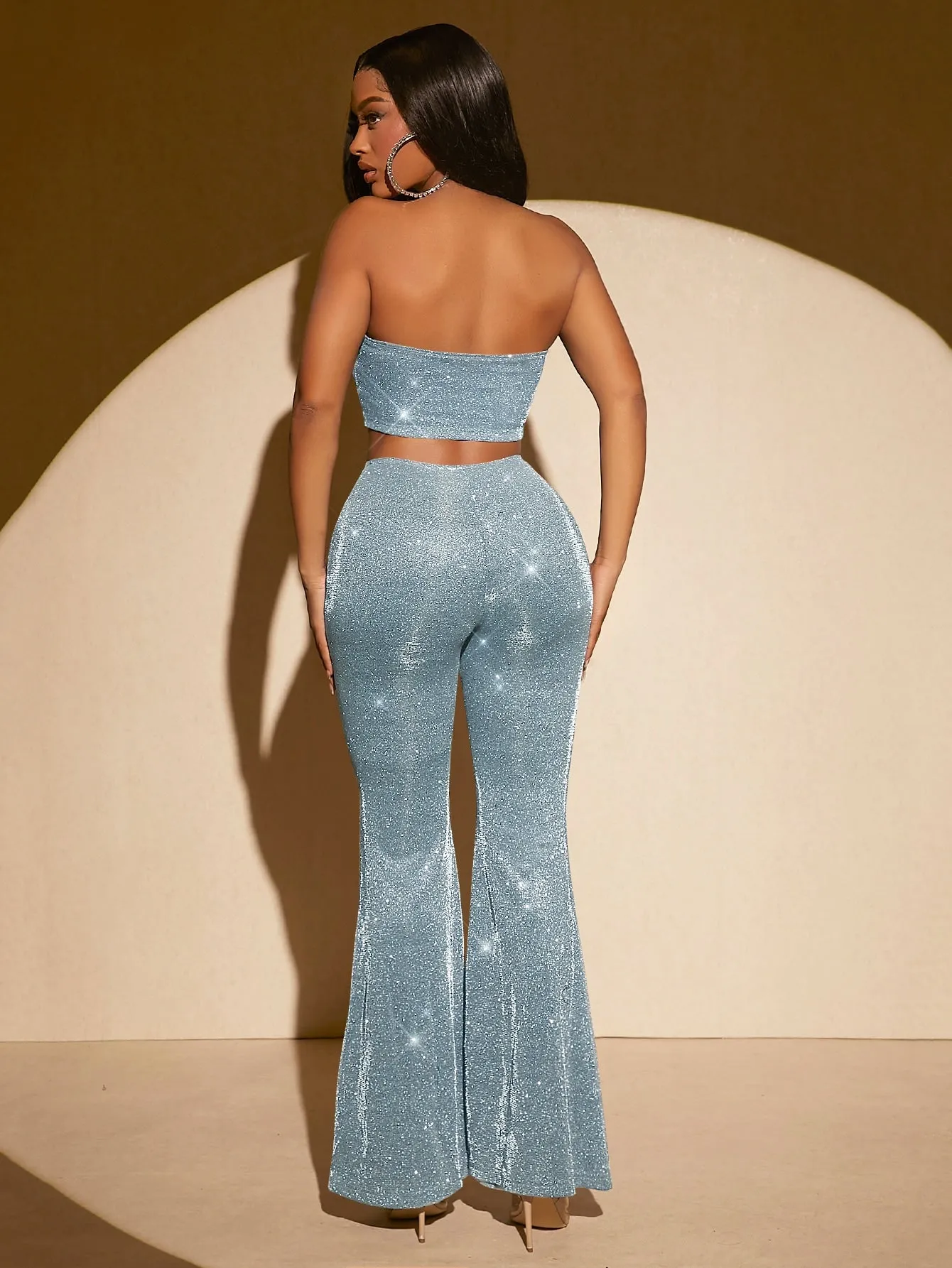 Glitter Crop Tube Top Flare Leg Pants