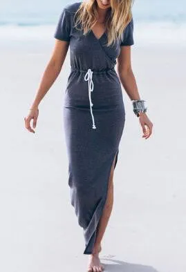 Gray Drawstring Waist Maxi Dress