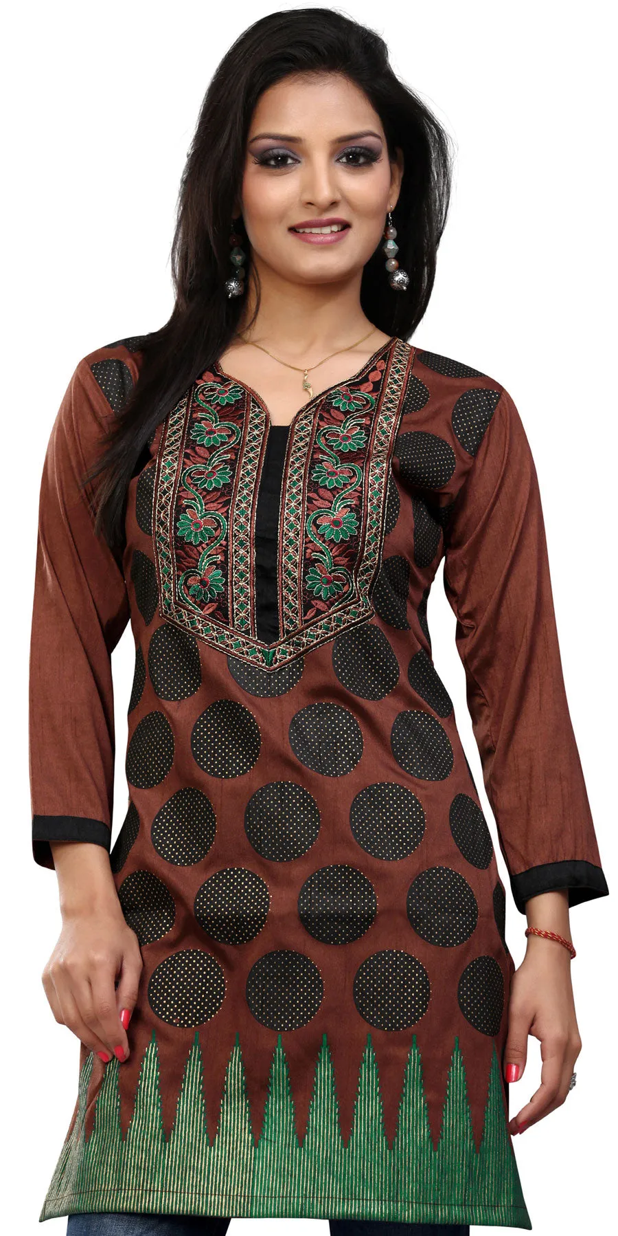 India Tunic Top Long  Kurti Womens Embroidered Indian Clothing (Brown)