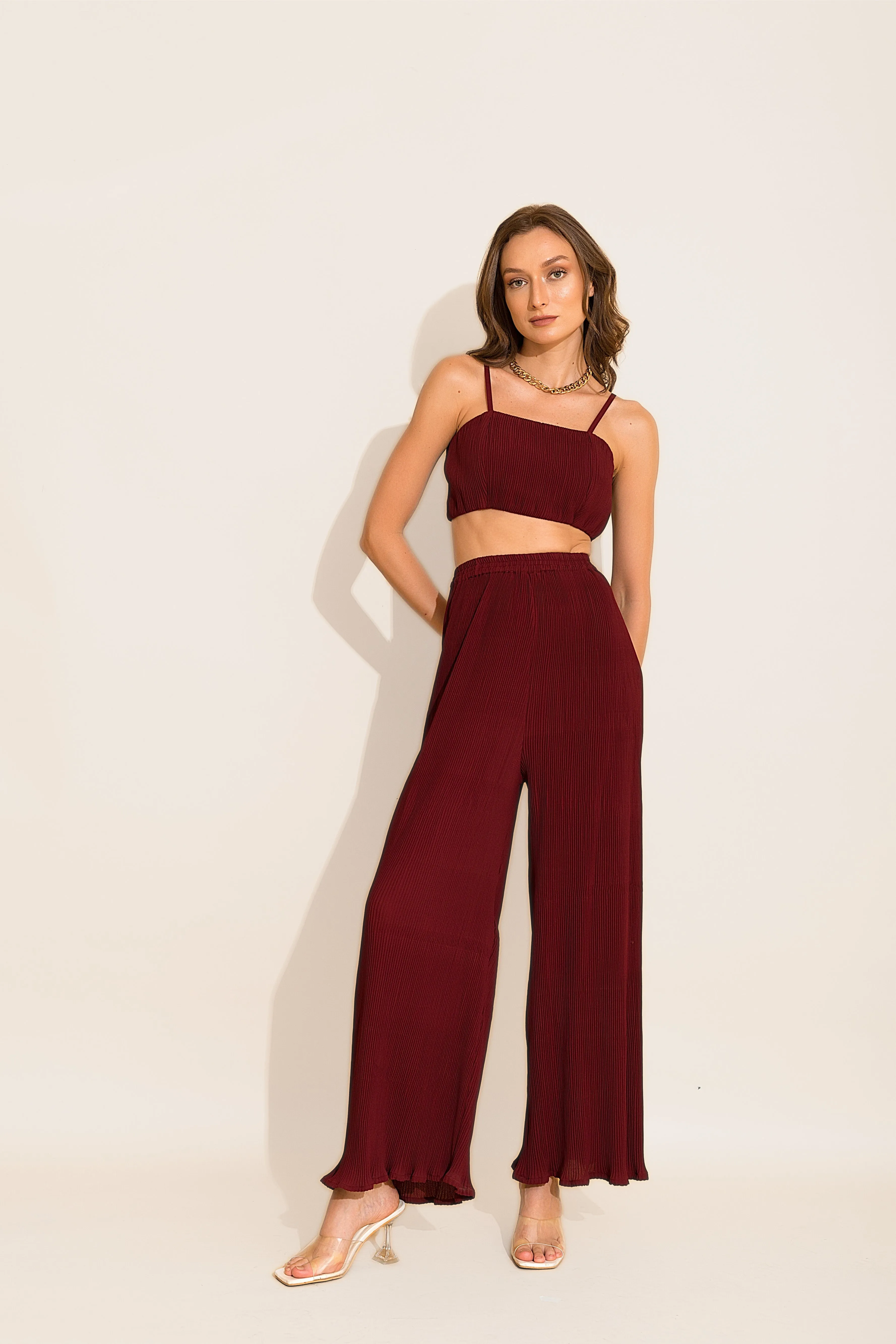 Maroon Micro Pleated Multi Purpose Crop Top