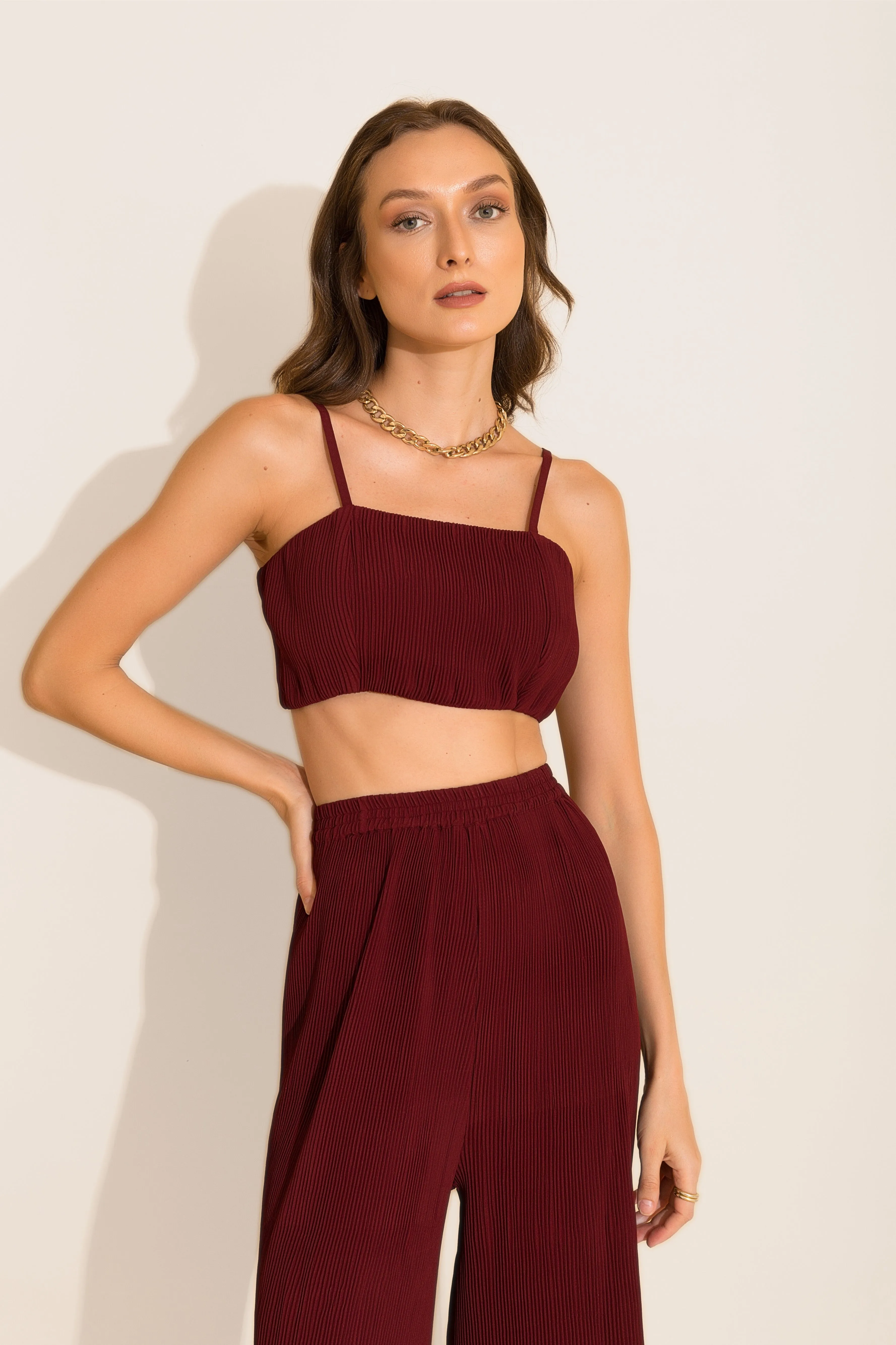 Maroon Micro Pleated Multi Purpose Crop Top