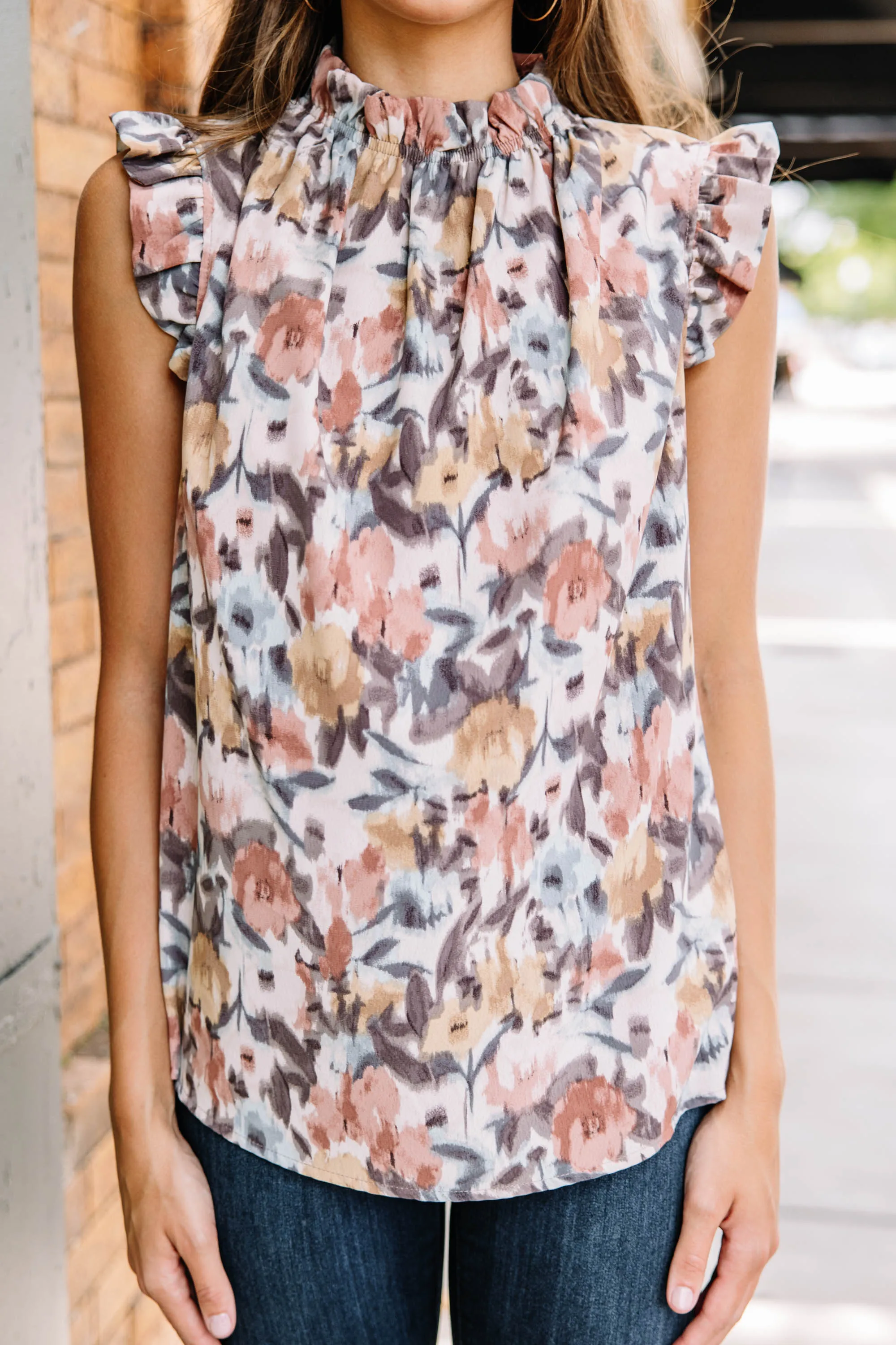 Stylish Cinnamon Brown Floral Tank Top in Need of Your Love