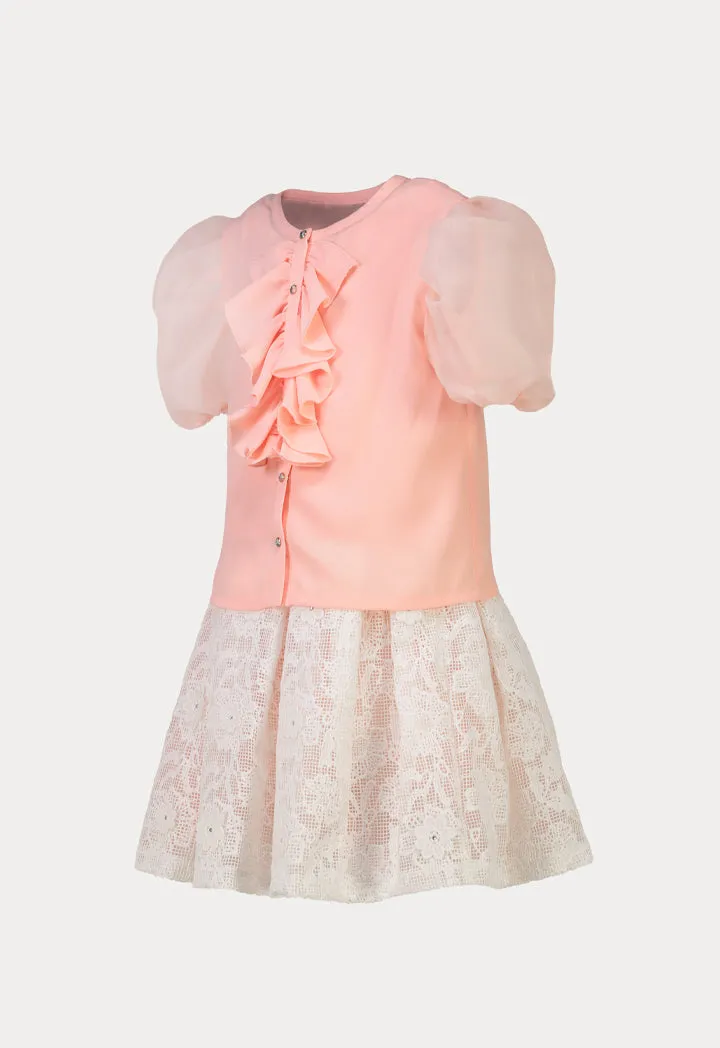 Organza Ruffle Puff Blouse And Pleated Lace Skirts Set