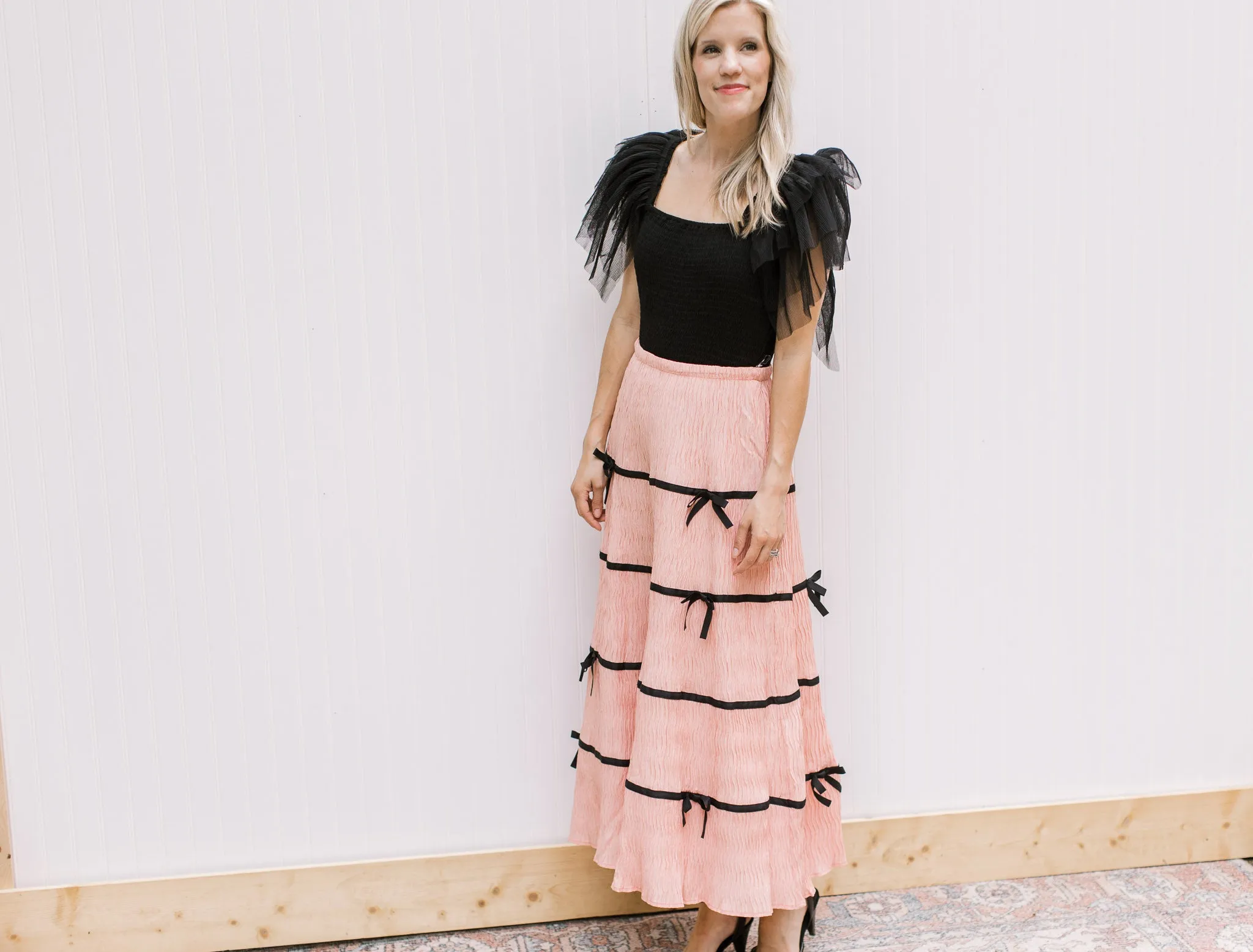 Peach Plisse Bow Detail Maxi Skirt