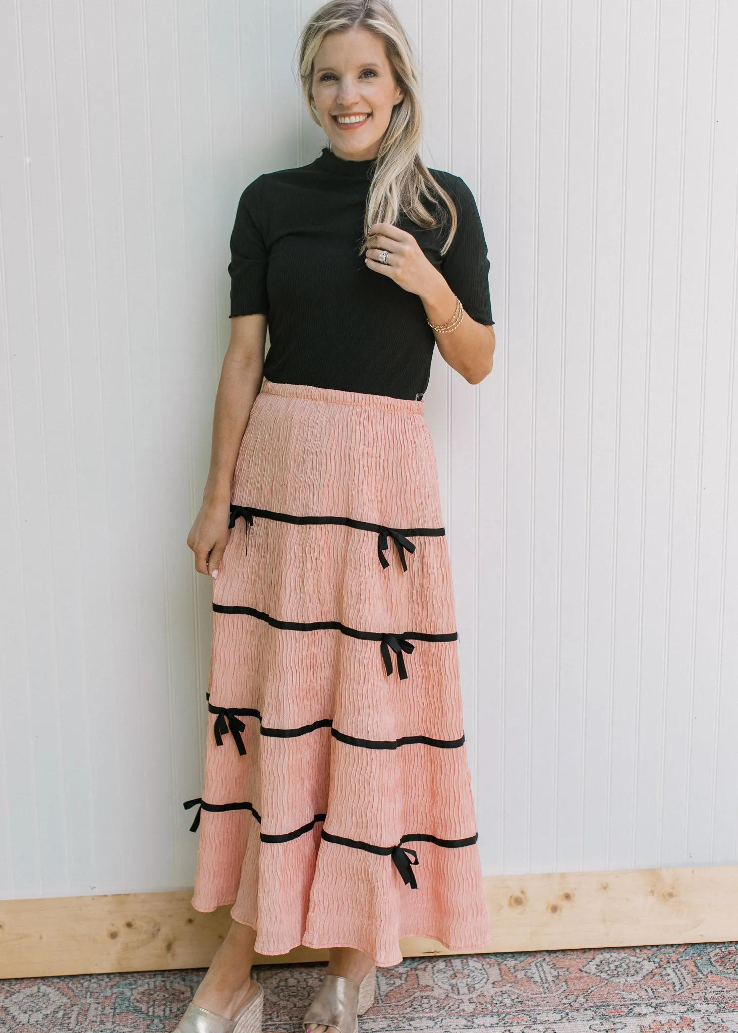 Peach Plisse Bow Detail Maxi Skirt