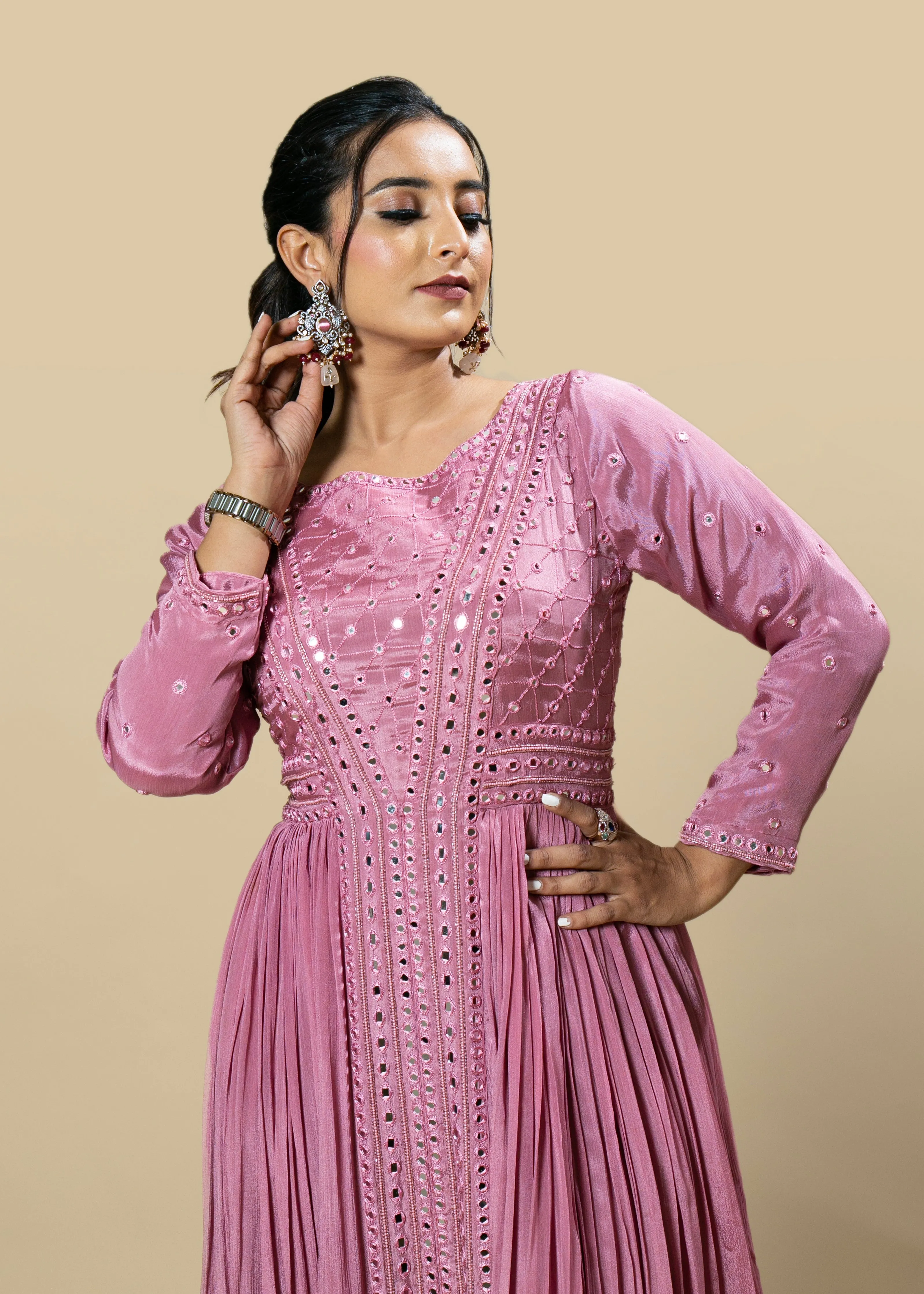 Pink Chinnon Hand Embroidered Mirror Work Flared Anarkali Set