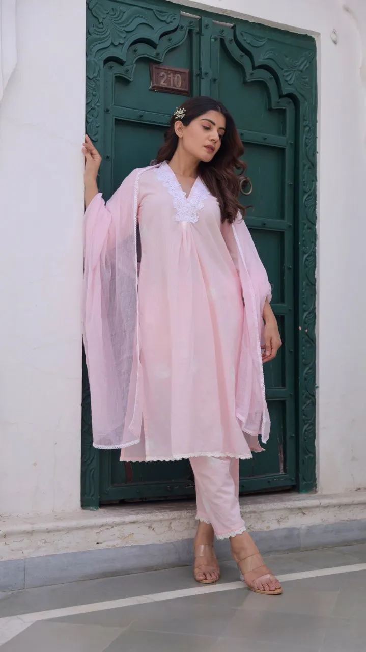 Pink Cotton Tie & Dye White Lace Straight Set with Doriya Dupatta