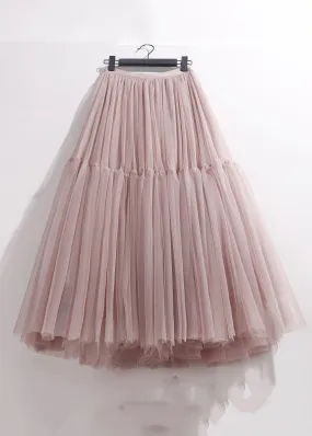 Pink Patchwork Loose Tulle Pleated Skirt High Waist Summer AS1089