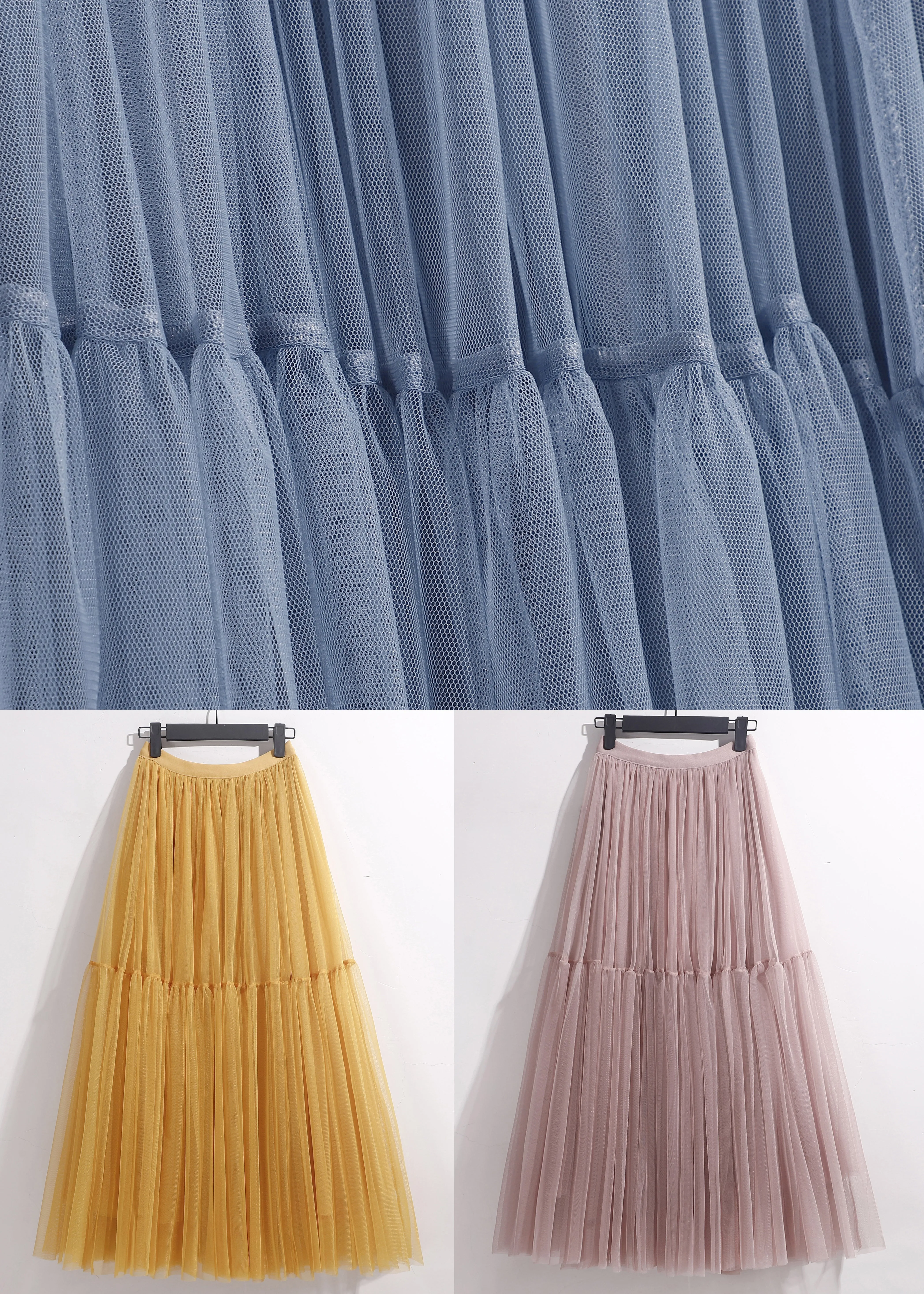 Pink Patchwork Loose Tulle Pleated Skirt High Waist Summer AS1089