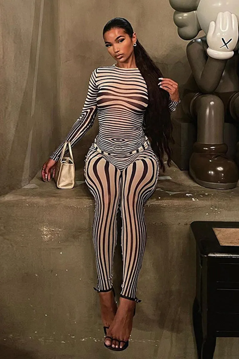 Striped Mesh Long Sleeve Two Piece Pants Set