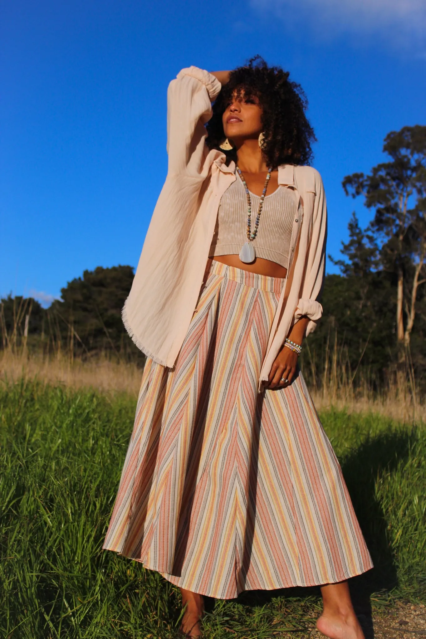 Sunburst  Stripe Maxi Skirt - Brick/Multi