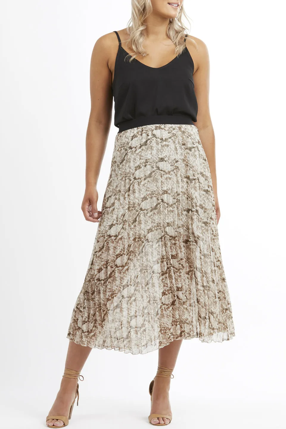 Sunray Brown Snakey Chiffon Pleated Skirt