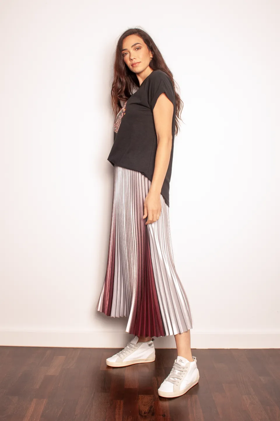 Sunray Dusk Rainbow Pleated Midi Skirt