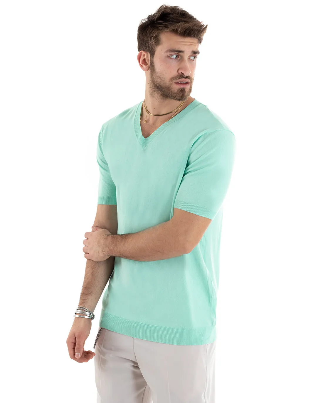 T-shirt Uomo Filo Manica Corta Tinta Unita Verde Acqua Scollo a V Casual GIOSAL-TS2866A