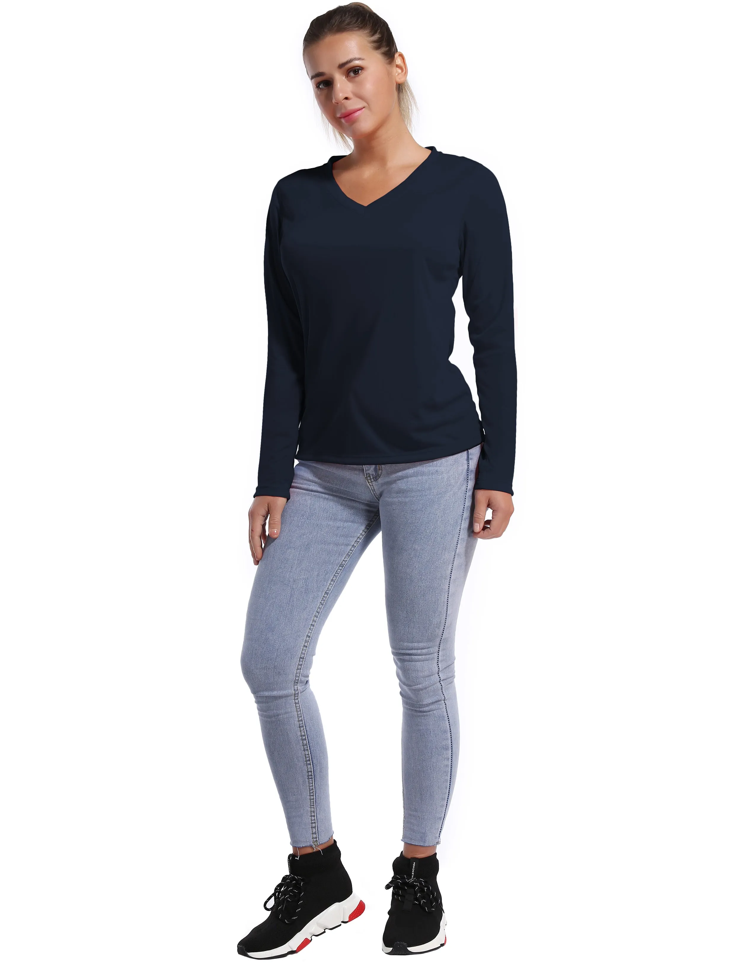 V Neck Long Sleeve Athletic Shirts darknavy