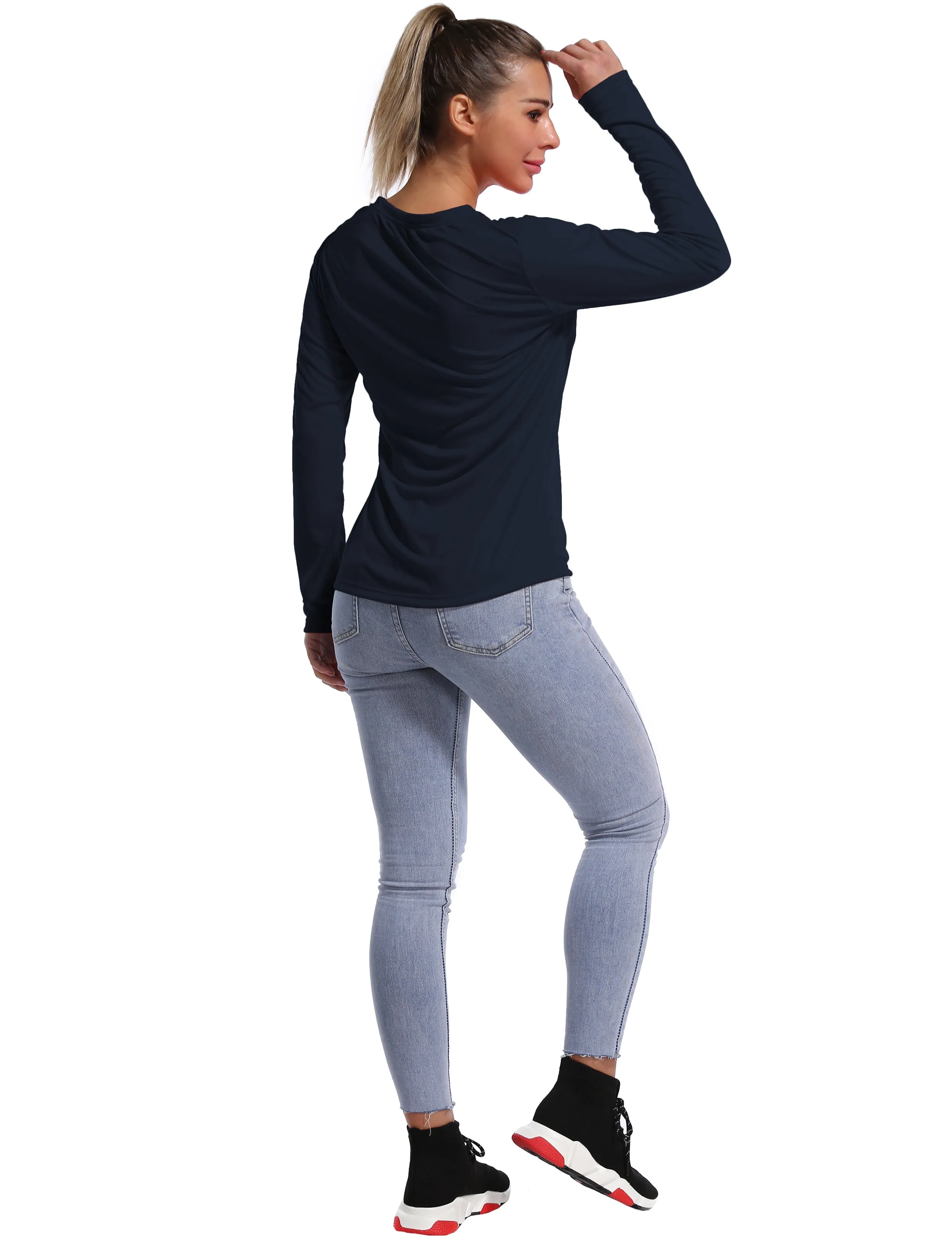 V Neck Long Sleeve Athletic Shirts darknavy